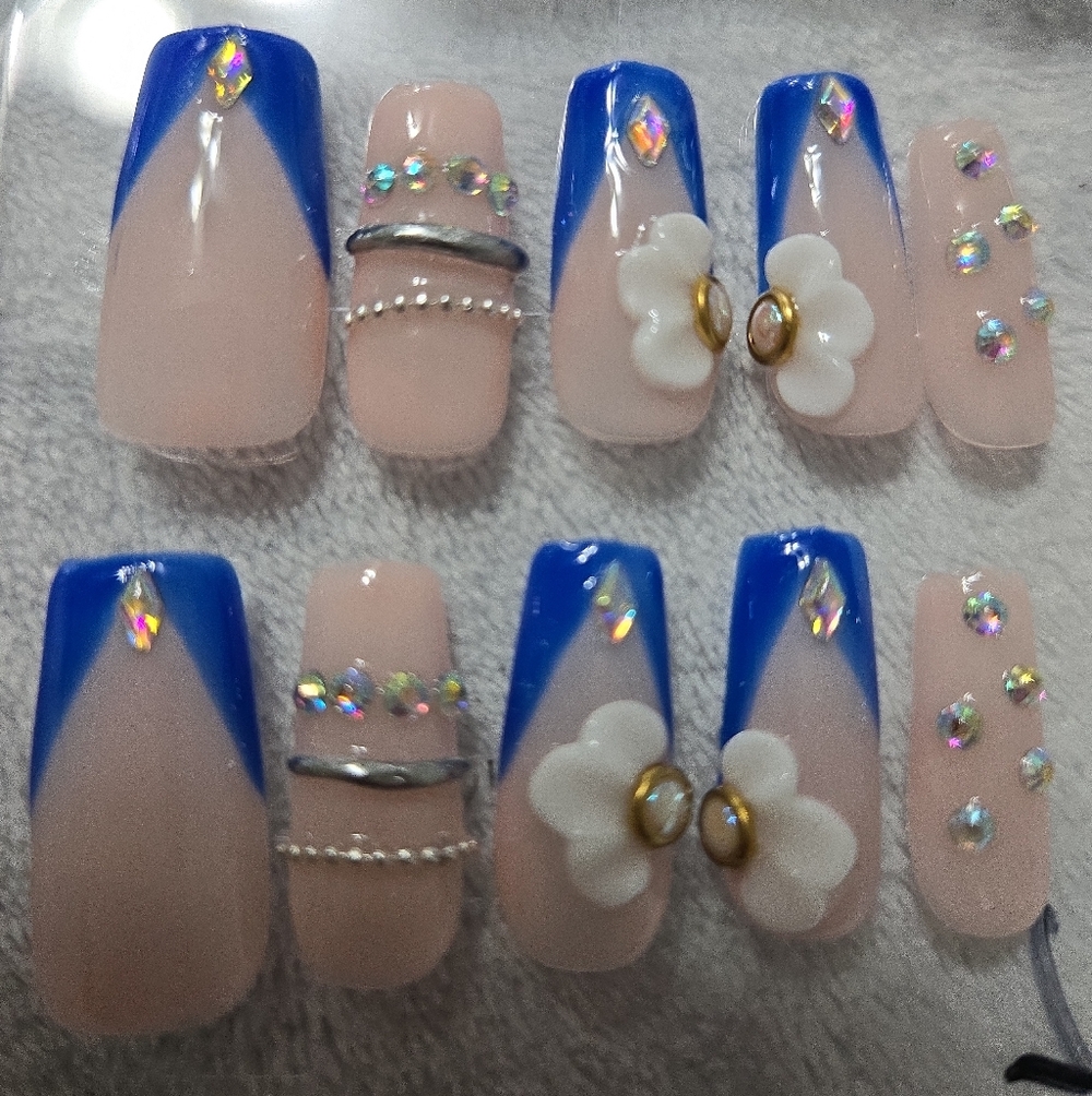 Royal Blue French Tip Press-On Nails | 3D Floral | Bling Glam | Medium Length